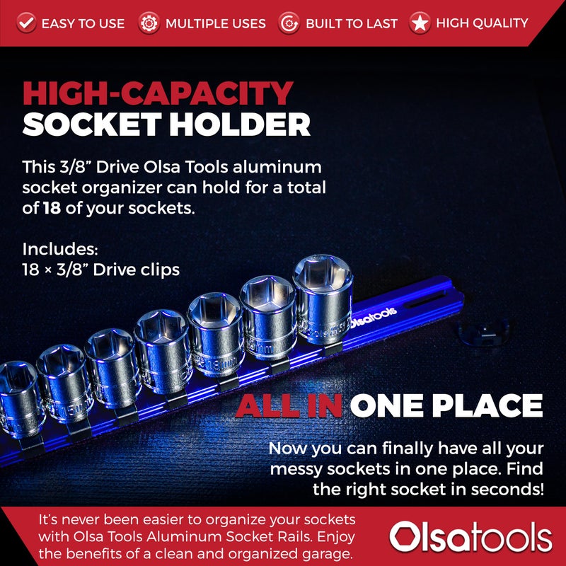 Olsa Tools Aluminum Socket Organizer with Locking End Caps - 3/8-Inch Drive - Blue Socket Holder Rails for Chrome or Impact Sockets - Compact and Durable Socket Storage Solution - Part: 1175 - Image 2